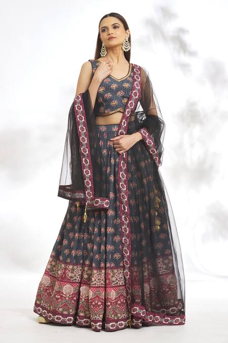 Shop_Samyukta Singhania_Black Chiffon, Silk, Net Embroidery Floral Pattern Blouse Lehenga Set _Online_at_Aza_Fashions