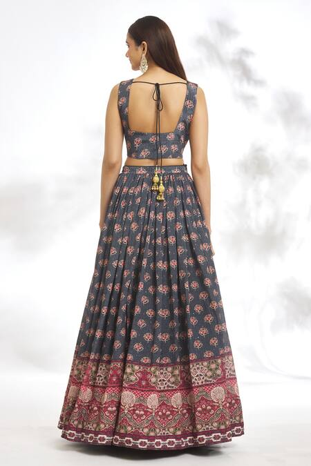 Shop_Samyukta Singhania_Black Chiffon, Silk, Net Embroidery Floral Pattern Blouse Lehenga Set _at_Aza_Fashions
