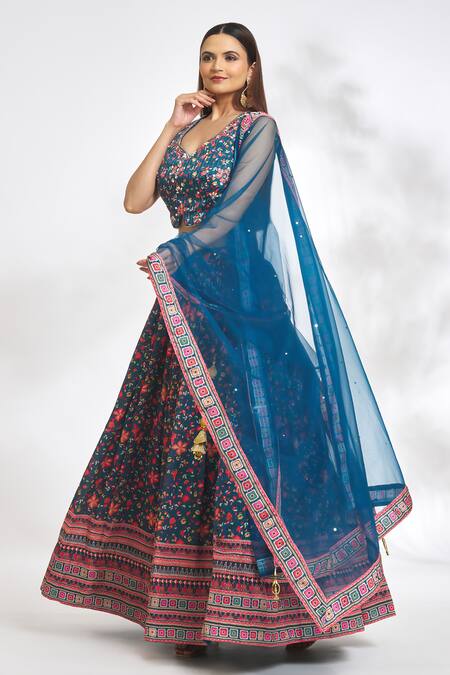 Buy_Samyukta Singhania_Blue Chiffon, Net Embroidery Asymmetric Floral Pattern Lehenga Set_Online_at_Aza_Fashions