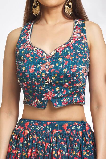 Shop_Samyukta Singhania_Blue Chiffon, Net Embroidery Asymmetric Floral Pattern Lehenga Set_Online_at_Aza_Fashions