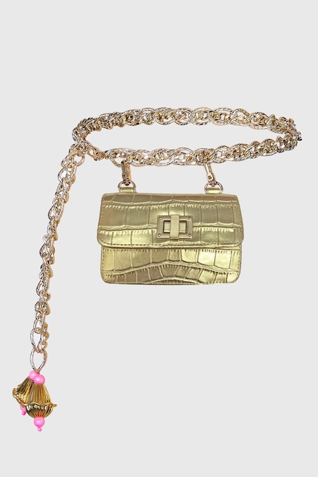 Buy Gold Embellished Textured Chain Link Belt Bag by Papa Don t