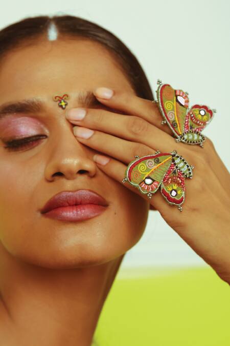 Shop_NAKHREWAALI_Multi Color Cutdana, Bead, Metal Elements Handcrafted Butterfly Rings - Set Of 2_at_Aza_Fashions