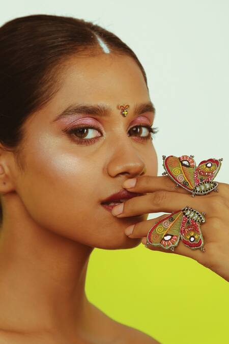 NAKHREWAALI_Multi Color Cutdana, Bead, Metal Elements Handcrafted Butterfly Rings - Set Of 2_Online_at_Aza_Fashions