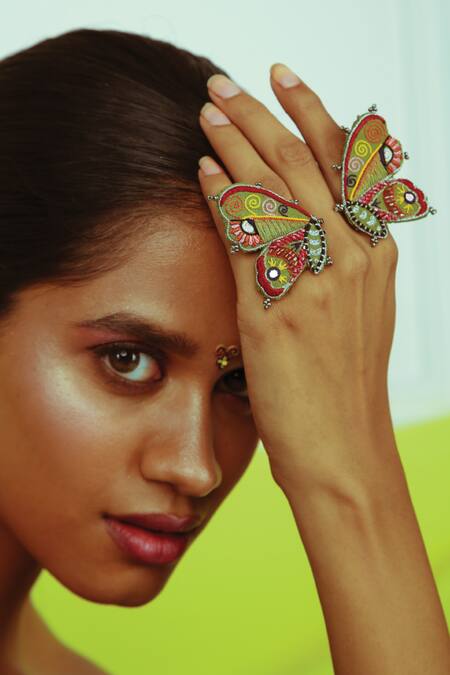 Buy_NAKHREWAALI_Multi Color Cutdana, Bead, Metal Elements Handcrafted Butterfly Rings - Set Of 2_Online_at_Aza_Fashions