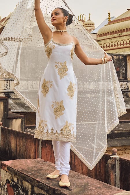 LASHKARAA White Brocade Print Cutdana Scoop Neck Floral Bloom Kurta Pant Set 