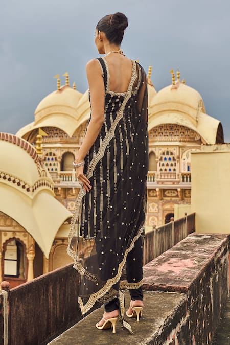 Shop_Lashkaraa_Black Brocade Embroidery, Stones, Zari Square Neck Hand Kurta Pant Set _at_Aza_Fashions