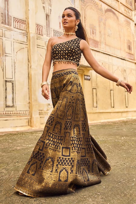 Shop_Lashkaraa_Black Brocade Zari, Stones, Embroidery Asymmetric Floral Top Sharara Set _at_Aza_Fashions