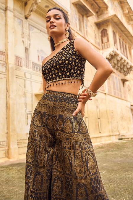 Buy_Lashkaraa_Black Brocade Zari, Stones, Embroidery Asymmetric Floral Top Sharara Set _Online_at_Aza_Fashions