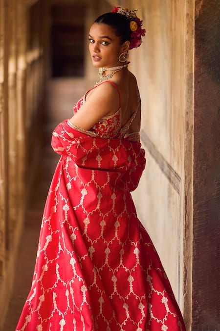 Shop_Lashkaraa_Red Brocade Embroidery, Zari, Stones, Sequins Round Floral Jacket Sharara Set _at_Aza_Fashions