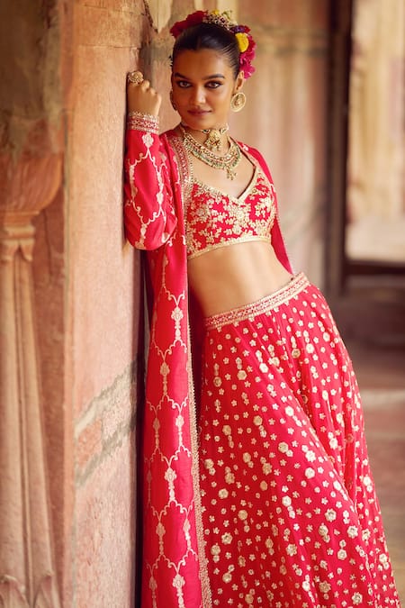 Buy_Lashkaraa_Red Brocade Embroidery, Zari, Stones, Sequins Round Floral Jacket Sharara Set _Online_at_Aza_Fashions