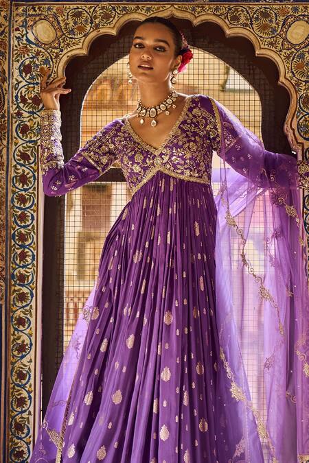 Lashkaraa_Purple Brocade, Chiffon Zari, Stones, Embroidery Floral Anarkali Pant Set_Online_at_Aza_Fashions