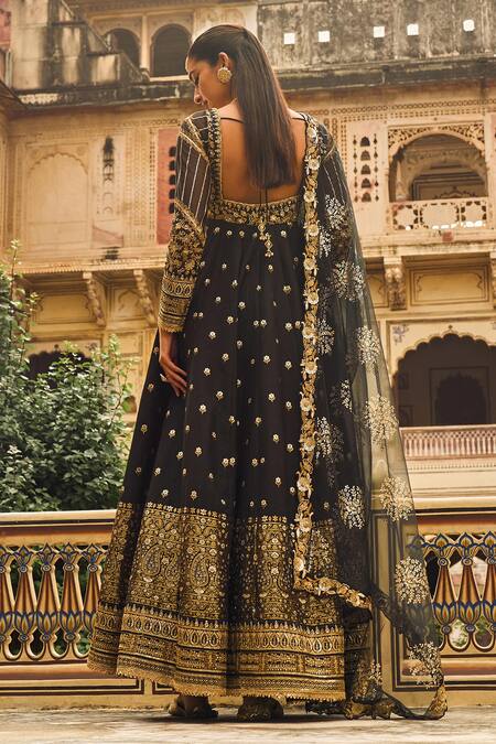 Shop Lashkaraa Black Brocade, Chiffon Zari, Sequins, Embroidery Square Floral Anarkali Set at Aza Fashions Shop_Lashkaraa_Black Brocade, Chiffon Zari, Sequins, Embroidery Square Floral Anarkali Set_at_Aza_Fashions