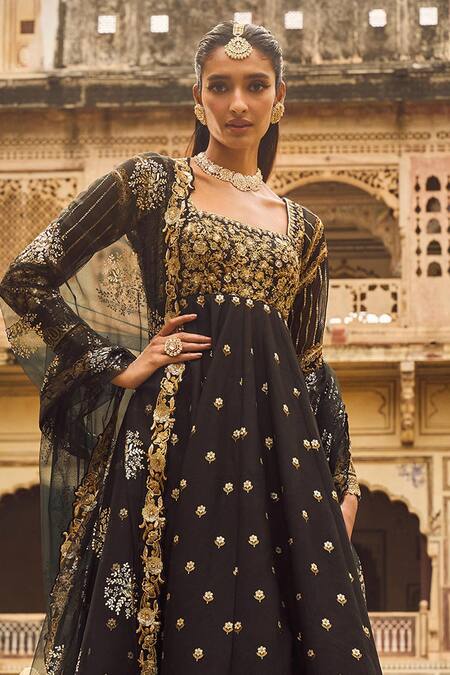 Lashkaraa Black Brocade, Chiffon Zari, Sequins, Embroidery Square Floral Anarkali Set Online at Aza Fashions Lashkaraa_Black Brocade, Chiffon Zari, Sequins, Embroidery Square Floral Anarkali Set_Online_at_Aza_Fashions