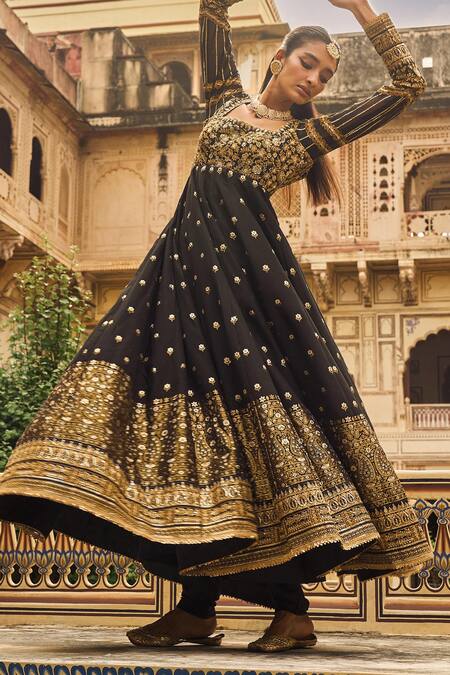 Buy Lashkaraa Black Brocade, Chiffon Zari, Sequins, Embroidery Square Floral Anarkali Set Online at Aza Fashions Buy_Lashkaraa_Black Brocade, Chiffon Zari, Sequins, Embroidery Square Floral Anarkali Set_Online_at_Aza_Fashions