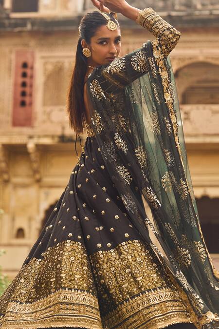 Shop Lashkaraa Black Brocade, Chiffon Zari, Sequins, Embroidery Square Floral Anarkali Set Online at Aza Fashions Shop_Lashkaraa_Black Brocade, Chiffon Zari, Sequins, Embroidery Square Floral Anarkali Set_Online_at_Aza_Fashions