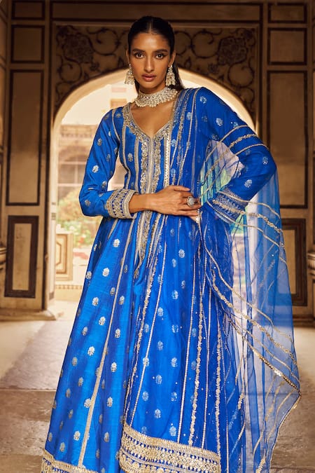 Buy_Lashkaraa_Blue Brocade, Chiffon Zari, Sequins, Embroidery Floral Bloom Anarkali Set _Online_at_Aza_Fashions