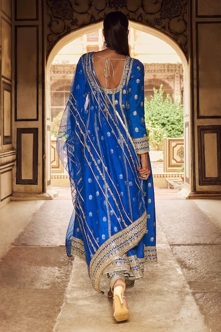 Shop_Lashkaraa_Blue Brocade, Chiffon Zari, Sequins, Embroidery Floral Bloom Anarkali Set _Online_at_Aza_Fashions
