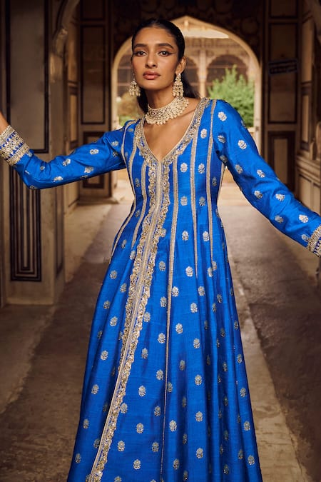 Lashkaraa_Blue Brocade, Chiffon Zari, Sequins, Embroidery Floral Bloom Anarkali Set _at_Aza_Fashions