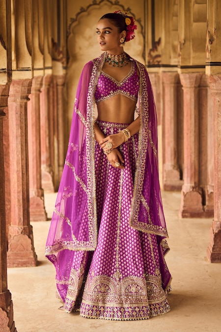 Lashkaraa Purple Brocade Sequins, Embroidery, Zari, Stones Floral Pattern Lehenga Set 