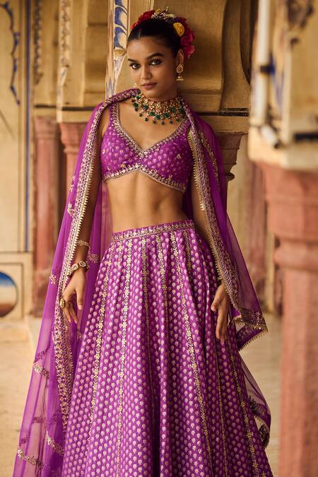 Lashkaraa Purple Brocade Sequins, Embroidery, Zari, Stones V-neck Floral Lehenga Set Online at Aza Fashions Lashkaraa_Purple Brocade Sequins, Embroidery, Zari, Stones V-neck Floral Lehenga Set _Online_at_Aza_Fashions