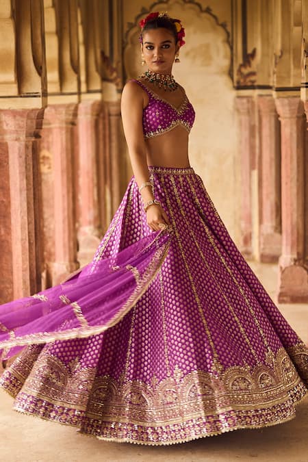 Buy Lashkaraa Purple Brocade Sequins, Embroidery, Zari, Stones V-neck Floral Lehenga Set Online at Aza Fashions Buy_Lashkaraa_Purple Brocade Sequins, Embroidery, Zari, Stones V-neck Floral Lehenga Set _Online_at_Aza_Fashions