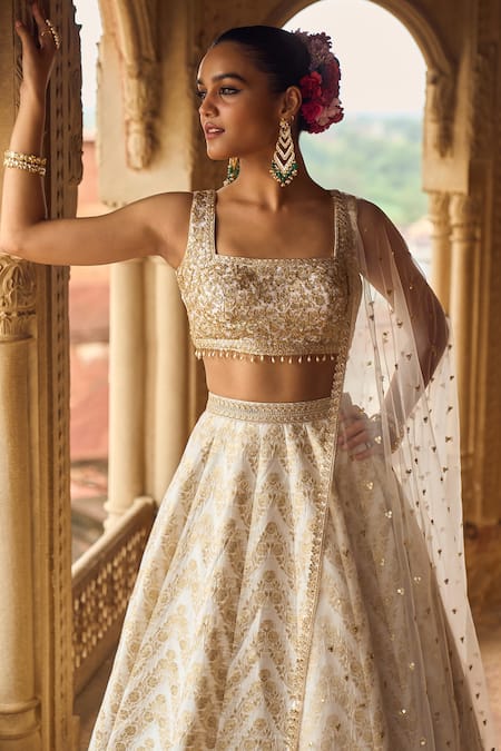 Shop_Lashkaraa_White Brocade Embroidery, Sequins, Floral Chevron Pattern Bridal Lehenga Set _at_Aza_Fashions