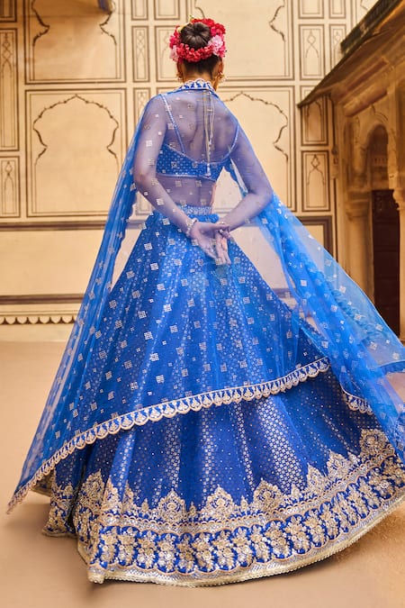 Shop_Lashkaraa_Blue Brocade Embroidery, Stones, Sequins Sweetheart Star Pattern Lehenga Set _at_Aza_Fashions