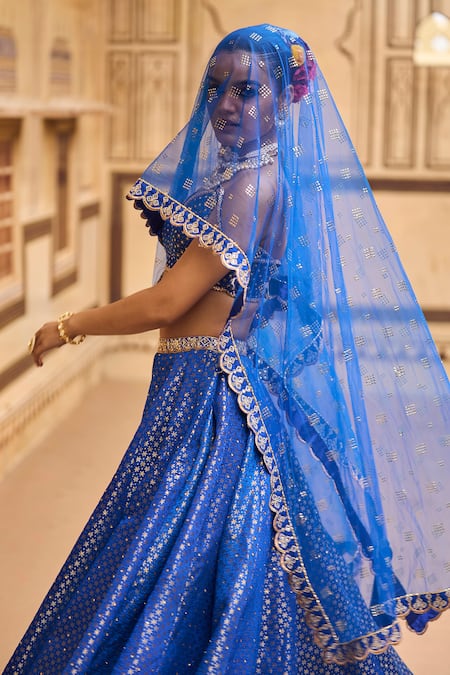 Buy_Lashkaraa_Blue Brocade Embroidery, Stones, Sequins Sweetheart Star Pattern Lehenga Set _Online_at_Aza_Fashions
