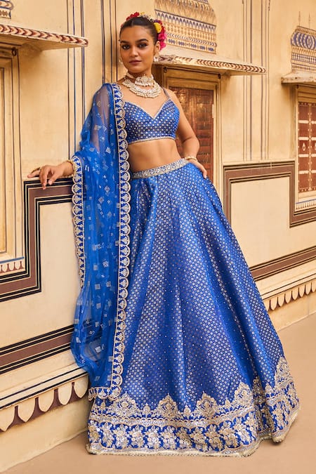 Shop_Lashkaraa_Blue Brocade Embroidery, Stones, Sequins Sweetheart Star Pattern Lehenga Set _Online_at_Aza_Fashions