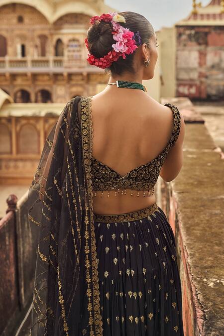 Shop_Lashkaraa_Black Brocade Sequins, Zari, Embroidery Flower Butti Pattern Lehenga Set _at_Aza_Fashions