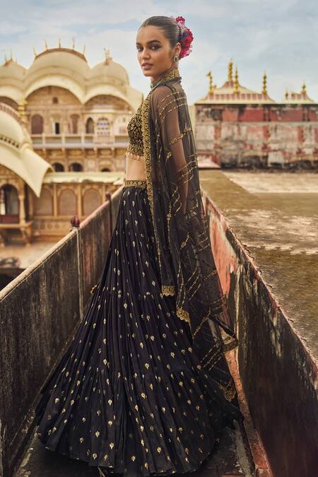 Lashkaraa_Black Brocade Sequins, Zari, Embroidery Flower Butti Pattern Lehenga Set _Online_at_Aza_Fashions