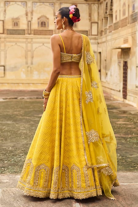 Shop_Lashkaraa_Yellow Brocade Sequins, Zari, Stones Scoop Neck Geometric Textured Lehenga Set _at_Aza_Fashions