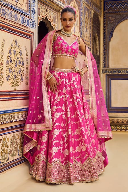 LASHKARAA Pink Brocade Embroidery Thread V Neck Floral Vine Pattern Bridal Lehenga Set