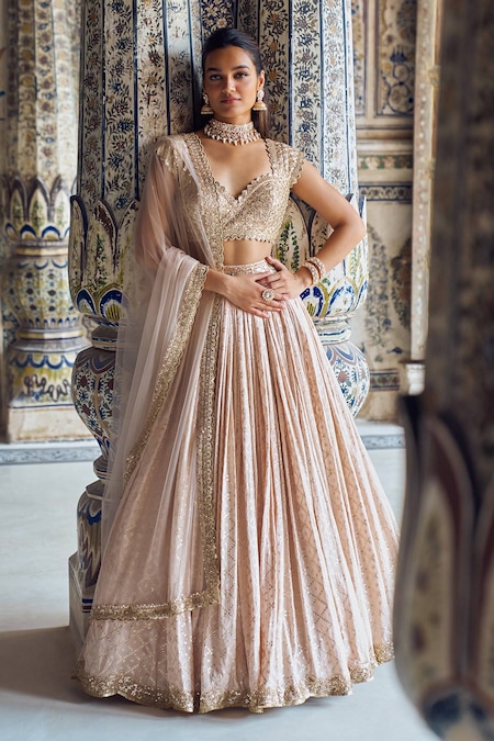 Lashkaraa Pink Brocade Sequins, Zari, Embroidery Trellis Pattern Bridal Lehenga Set 