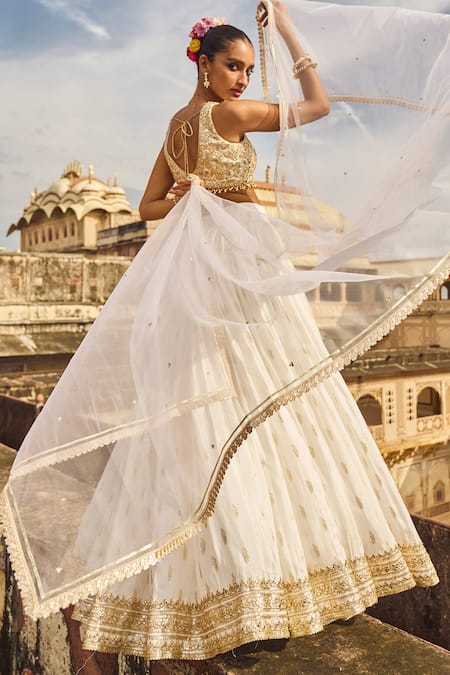 Shop_Lashkaraa_White Brocade Sequins, Stones V-neck Mandala Pattern Lehenga Set _at_Aza_Fashions