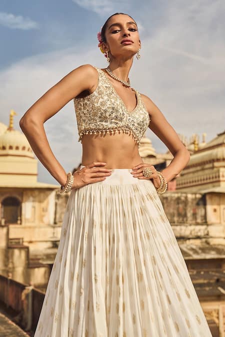 Lashkaraa_White Brocade Sequins, Stones V-neck Mandala Pattern Lehenga Set _Online_at_Aza_Fashions