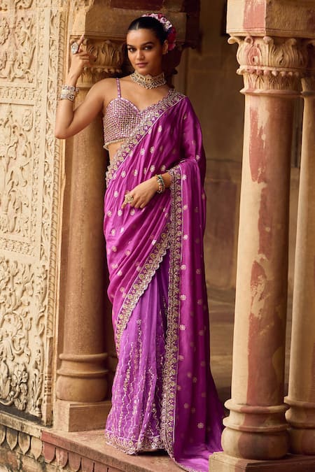 LASHKARAA Floral Embroidered Pre-Draped Saree With Blouse 