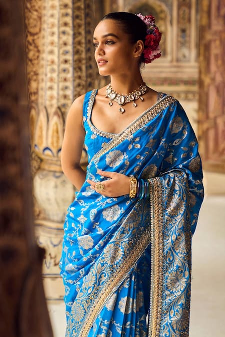 Buy_Lashkaraa_Blue Brocade Sequins, Zari Scoop Floral Pattern Pre-draped Saree With Blouse _Online_at_Aza_Fashions