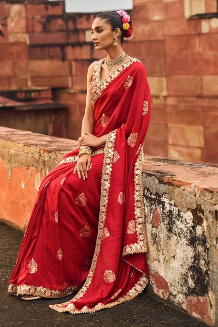 Lashkaraa_Red Brocade Sequins, Zari V-neck Floral Pre-draped Saree Set_Online_at_Aza_Fashions
