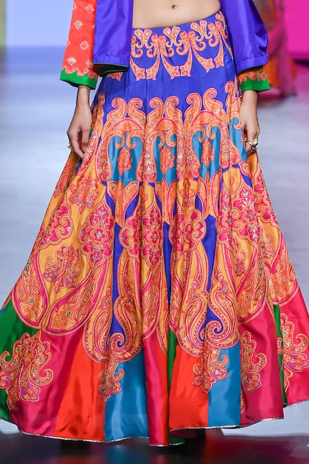 Buy_Swati Vijaivargie_Multi Color Silk Printed Paisley Scoop Gulal Kali Lehenga Set  _Online_at_Aza_Fashions