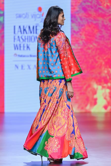 Swati Vijaivargie_Multi Color Silk Printed Paisley Scoop Gulal Kali Lehenga Set  _at_Aza_Fashions