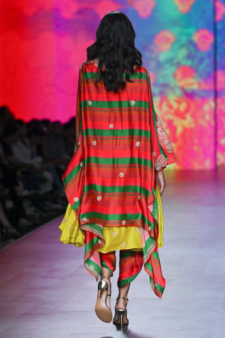 Shop_Swati Vijaivargie_Yellow Cape And Dhoti Bemberg Modal Satin Gulal Nargis Pant Set  _at_Aza_Fashions