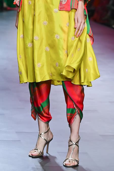 Shop_Swati Vijaivargie_Yellow Cape And Dhoti Bemberg Modal Satin Gulal Nargis Pant Set  _Online_at_Aza_Fashions