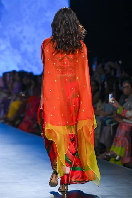 Shop_Swati Vijaivargie_Red Cape Double Layer Silk Organza Embroidered Gulal Dhoti Set  _at_Aza_Fashions