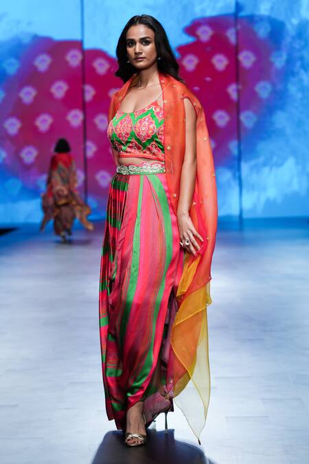 Shop_Swati Vijaivargie_Red Cape Double Layer Silk Organza Embroidered Gulal Dhoti Set  _Online_at_Aza_Fashions