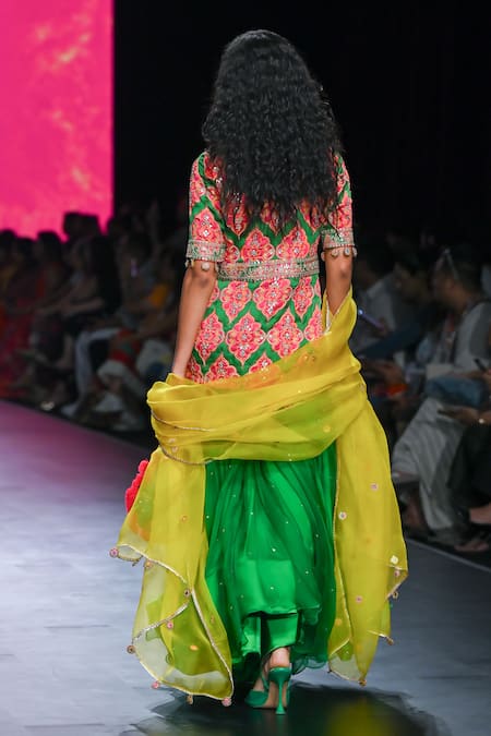 Shop_Swati Vijaivargie_Green Top Bemberg Modal Satin Embroidered Gulal Organza Sharara Set  _at_Aza_Fashions