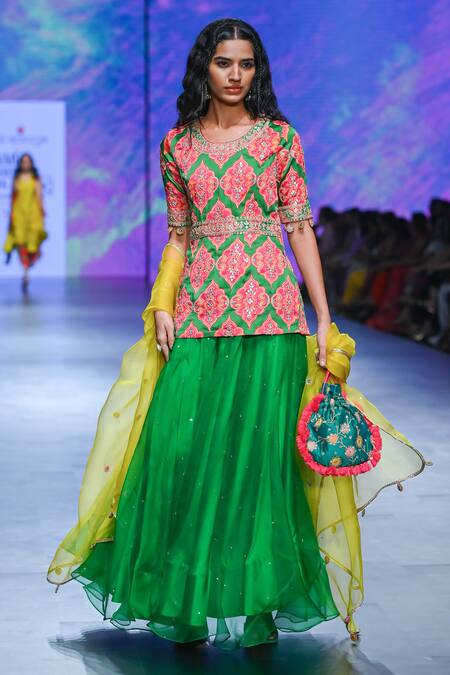 Buy_Swati Vijaivargie_Green Top Bemberg Modal Satin Embroidered Gulal Organza Sharara Set  _Online_at_Aza_Fashions