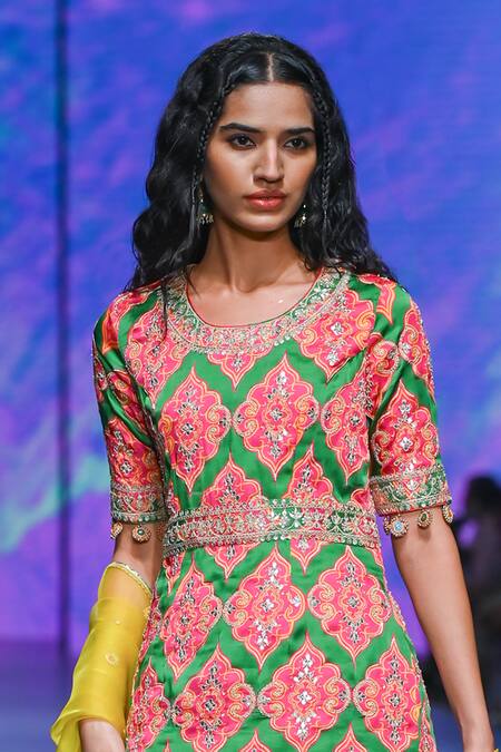 Shop Swati Vijaivargie Green Top Bemberg Modal Satin Embroidered Gulal Organza Sharara Set Online at Aza Fashions Shop_Swati Vijaivargie_Green Top Bemberg Modal Satin Embroidered Gulal Organza Sharara Set _Online_at_Aza_Fashions