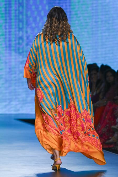 Shop_Swati Vijaivargie_Blue Bemberg Modal Satin Printed Abstract Paisley V Neck Pleated Kaftan _at_Aza_Fashions