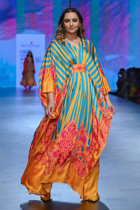 Swati Vijaivargie_Blue Bemberg Modal Satin Printed Abstract Paisley V Neck Pleated Kaftan _Online_at_Aza_Fashions